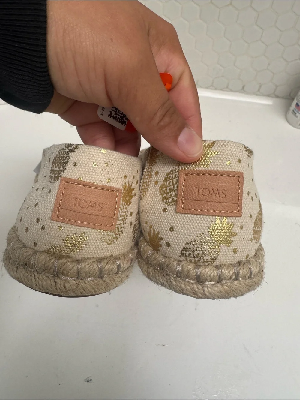 TOMS Cream Espadrille Slip-Ons with Metallic Gold Pineapple Motif
